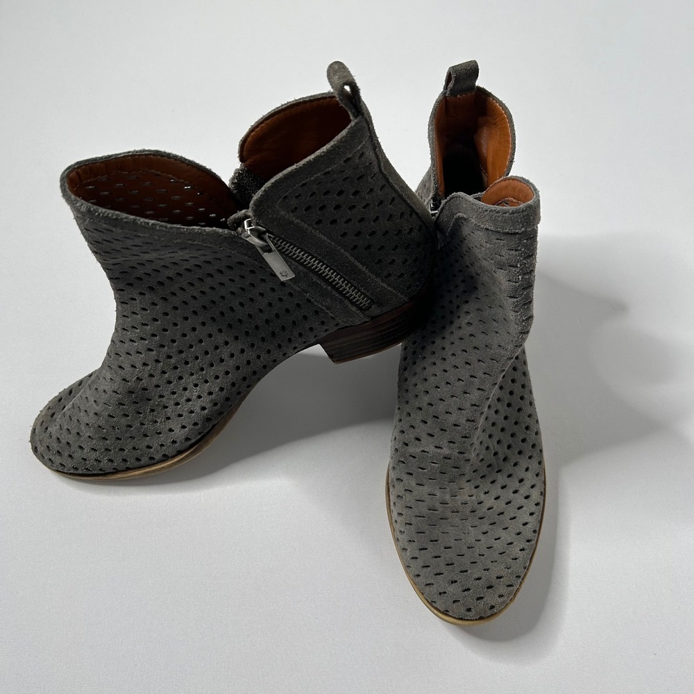 Womens Lucky Brand Gray Suede Leather Perforated Ankle Booties Boots